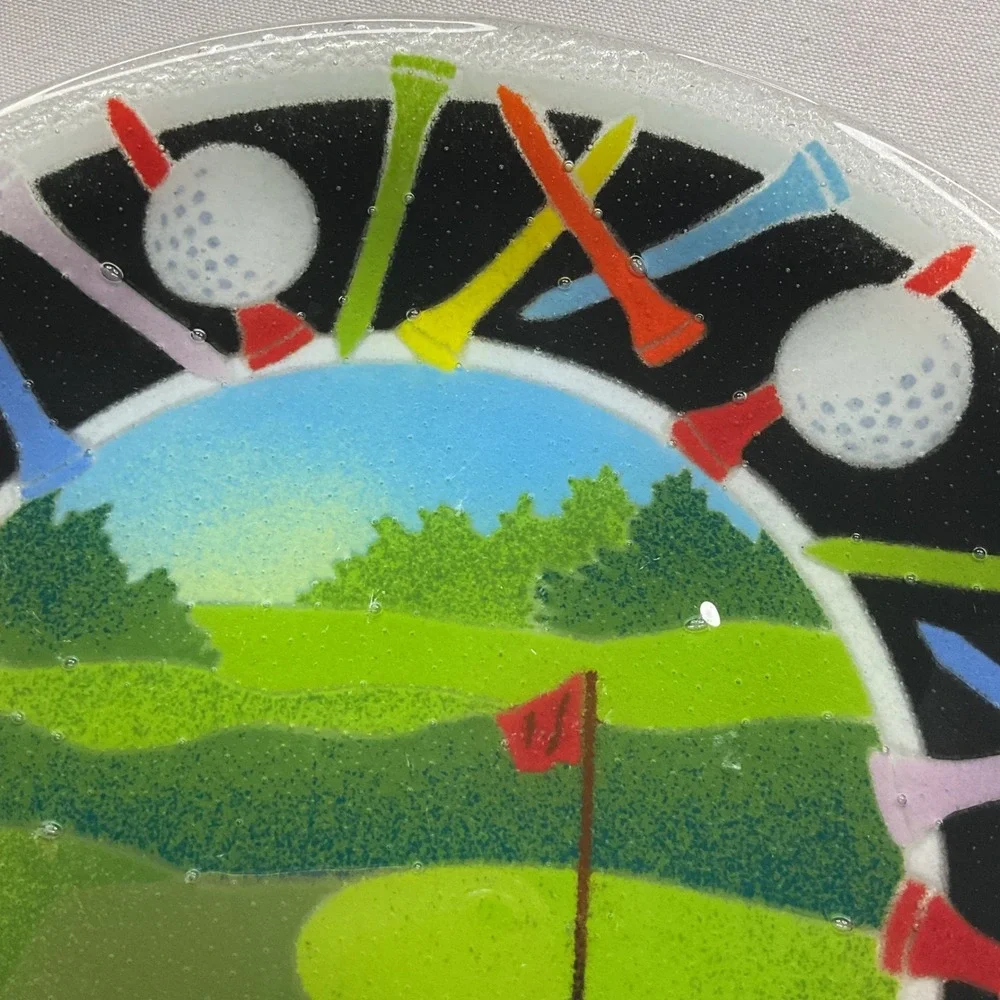 Peggy Karr Fused Glass Golf Plate Signed Art Glass 11.5 Inch Green Fairway Decor